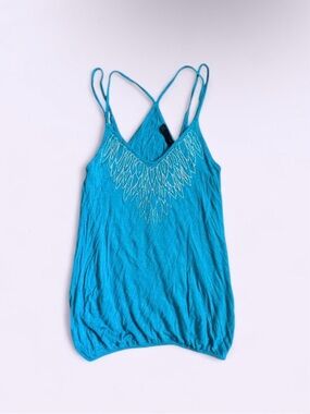 2010s Spoiled Teal Bubble Hem Cami Embellished Neck Beaded Vacation